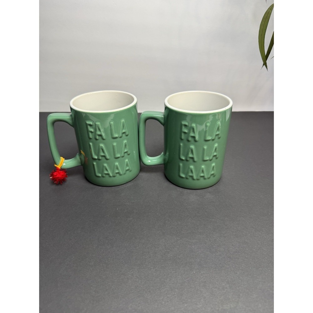 Coffee Mug FA LA LA! Green Christmas Holidays Set Of 2